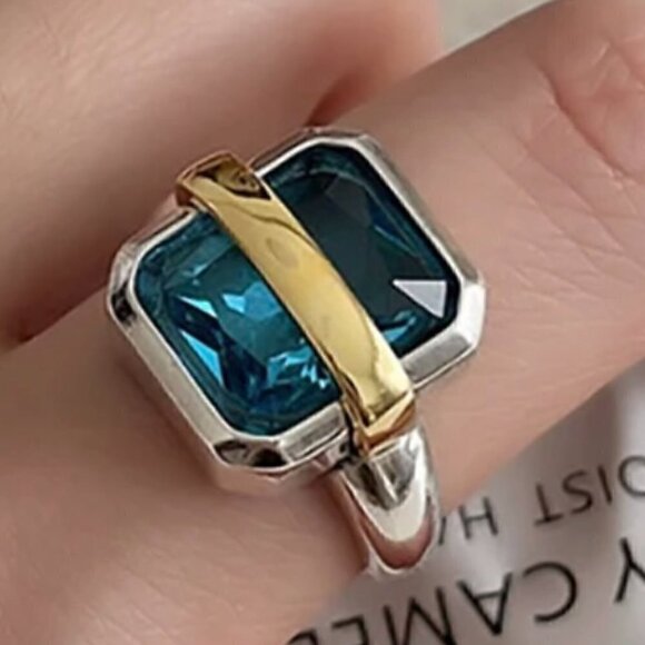 Adjustable 925 Silver Large Faux Blue Zircon w/ Gold Tone Metal Strap Ring #1303 - Picture 10 of 12